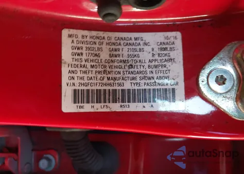 2017 Honda Civic Ex-L z USA, uszkodzony, nr VIN 2HGFC1F72HH631563